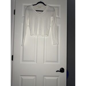 Moa Moa V Neck Waffle Knit Blouse Lettuce Trim Crop Top Small White